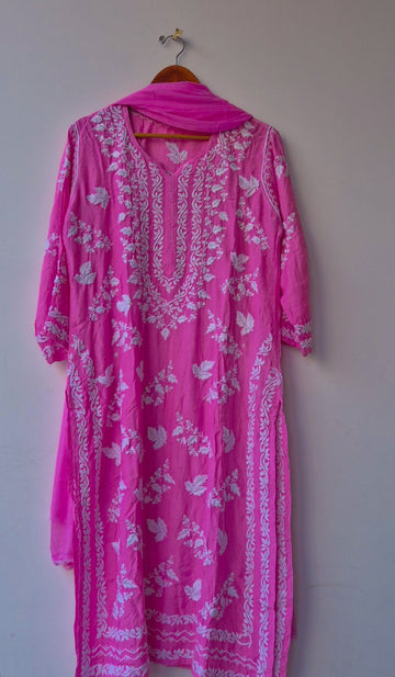 Adaya Silk Cotton Chikankari Pure Handcrafted Leafs Kurta Set