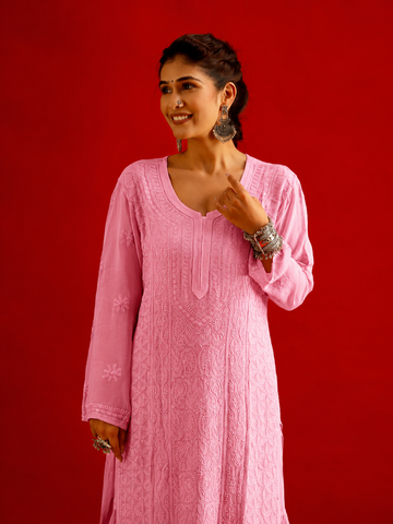 Resham Series Pink Pure Handcrafted Premium Georgette Chikankari Long Kurti Set