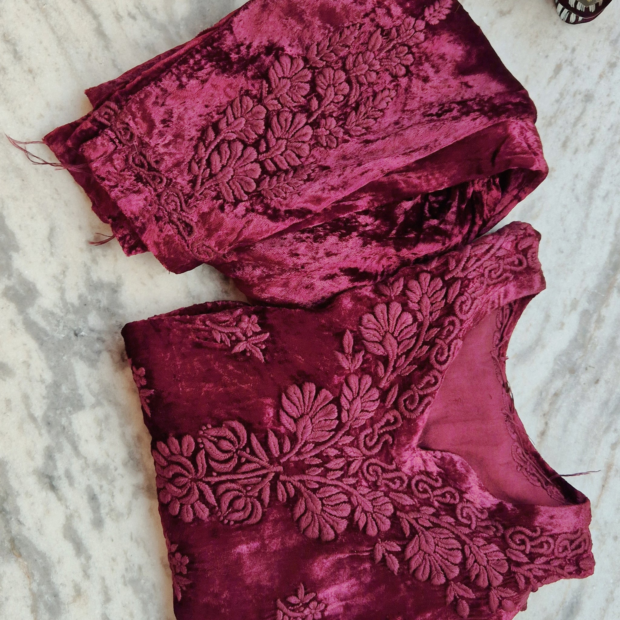 Tyrian Pink Makhmal Pure Handcrafted Chikankari co-ord Set