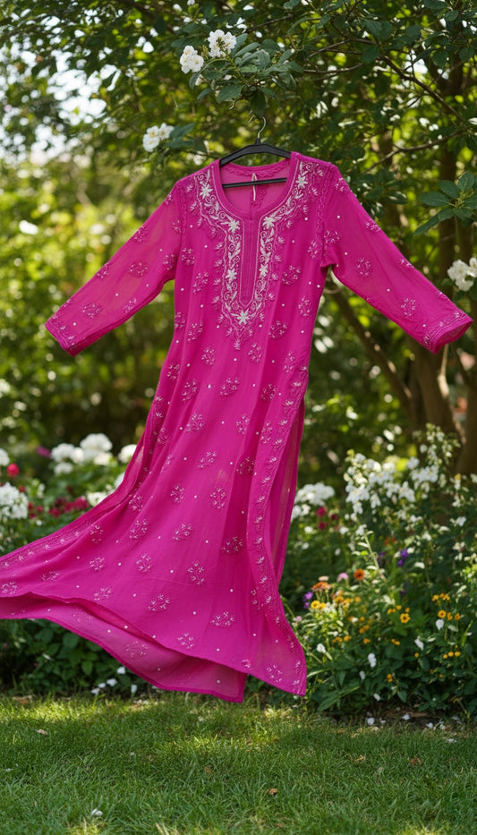 Hot Pink Beautiful Noori  Premium Georgette Chikankari Kurta Cutdana Embroidery