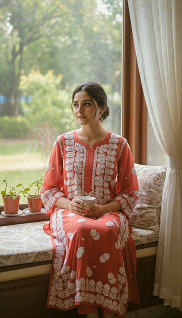 Shanaya Premium Georgette Luxurious Chikankari Long Kurta Neck Daman Embroidery