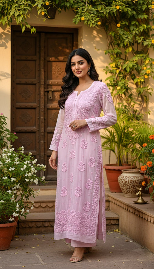Pinkish Premium Georgette Luxurious Chikankari Long Kurti