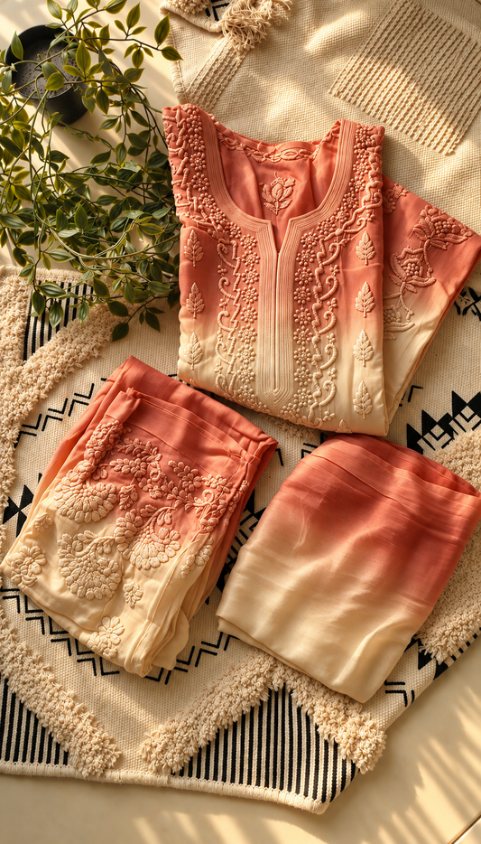 Coral  omrbe Premium Georgette luxurious Chikankari Long Kurta for women