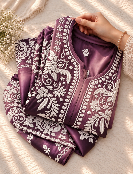 Azhel Premium Crepe Silk Chikankari Kurti Co-ord Set by LVW Fashions, handcrafted Lucknow chikankari with intricate embroidery