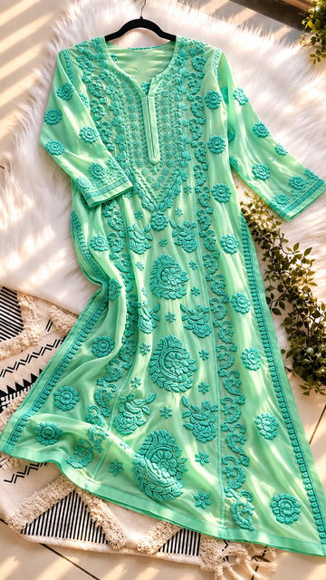 New Drop of Viscose Premium Georgette Chikankari kurta Set 7D Embroidery
