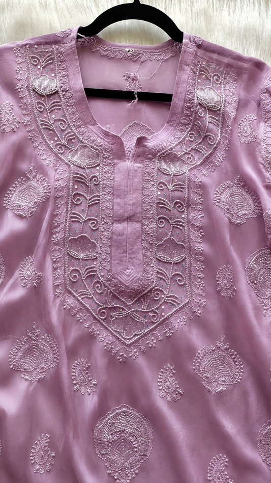 Lavender Rose Noori Premium Georgette Chikankari Pearls Cutdana Embroidery