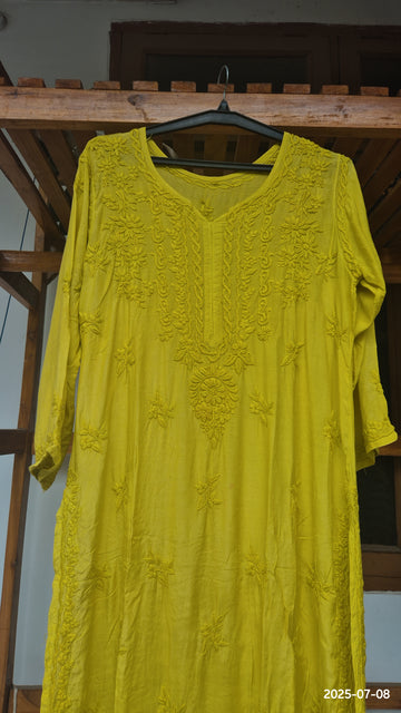 Green Premium Cotton Silk Chikankari Luxurious Long Kurti For women