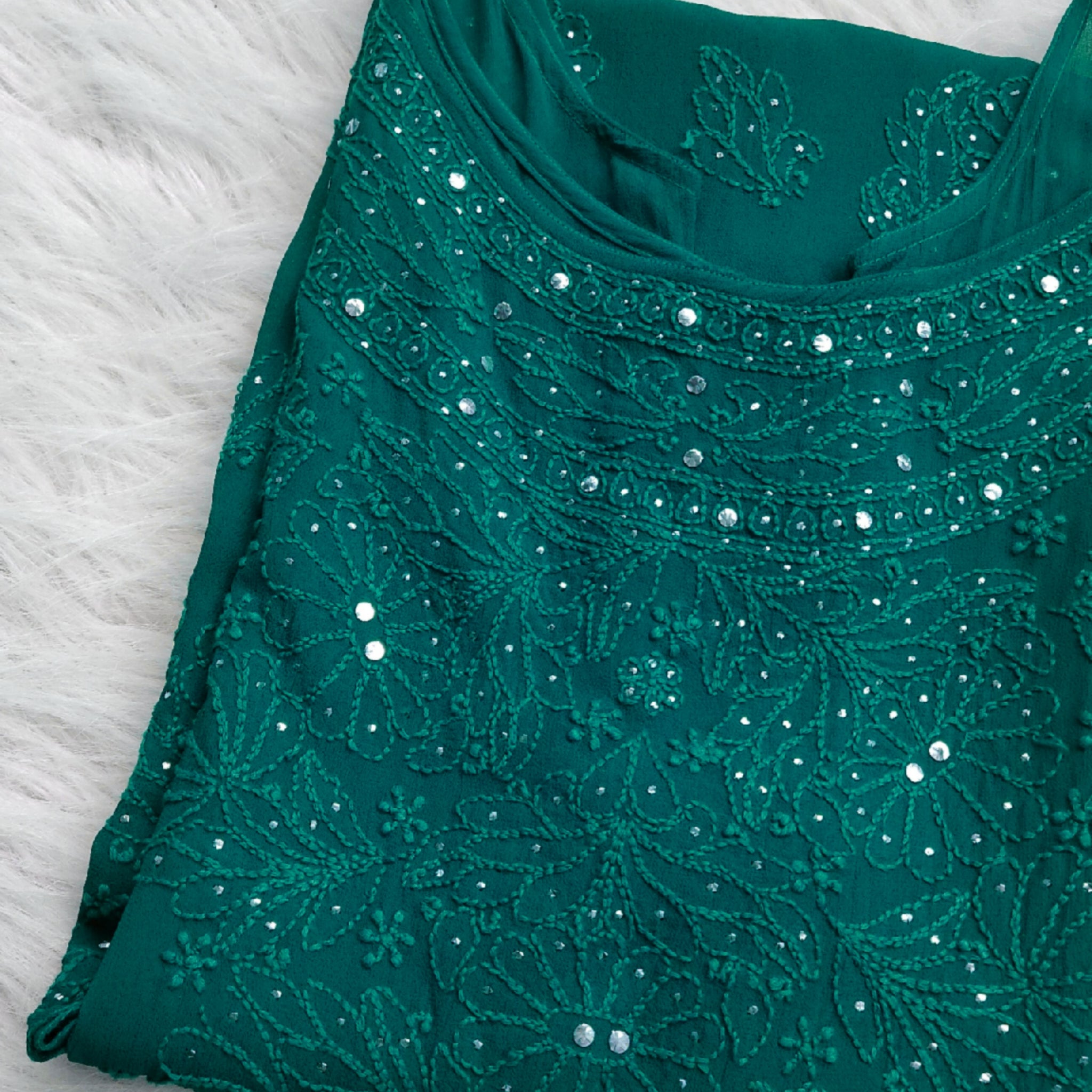 Super Teal Tulip Premium Georgette Mukaish Chikankari Tunic Kurti