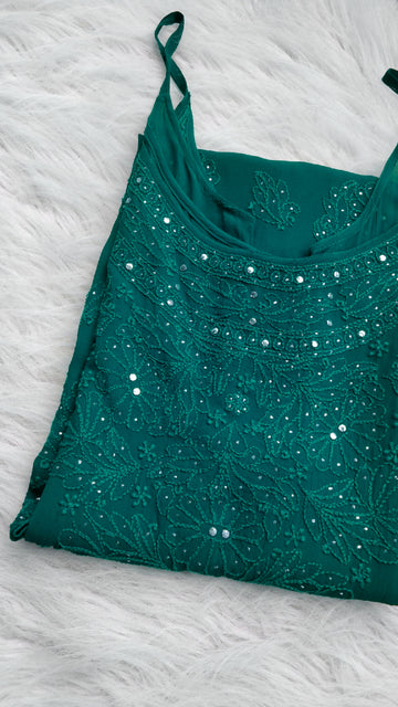 Super Teal Tulip Premium Georgette Mukaish Chikankari Tunic Kurti