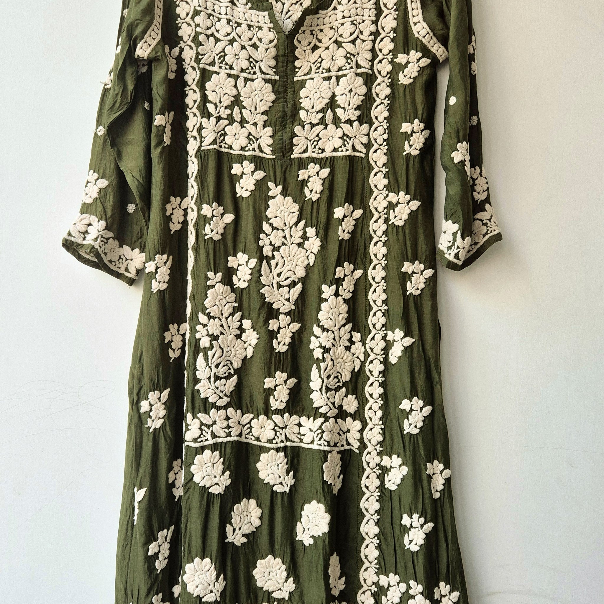 Bottle Green Premium Silk Chikankari Tunic Dress