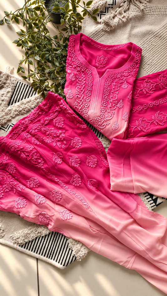 Fushia bloom Ombre Premium Georgette luxurious Chikankari Long Kurta Heavy Embroidery with Light weight