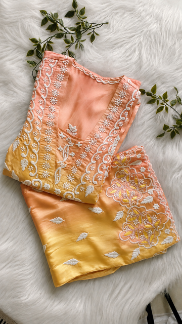 Peach and Sunshine Pure Handcrafted Designer Co-ord Set with Chikankari and golden work