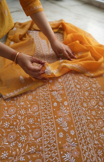 Turmeric Premium Chanderi Pure Handcrafted Luxurious Look Chikankari Kurta Dupatta Set ( Unstitched )