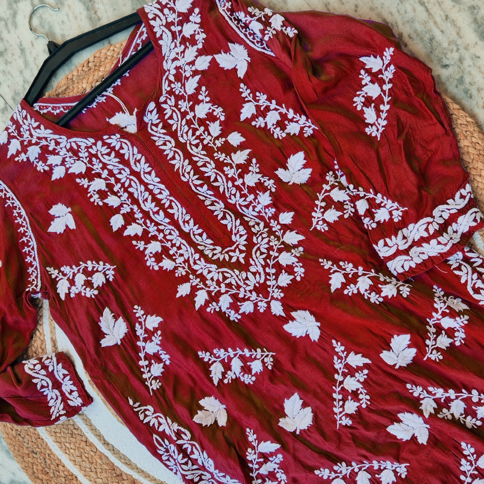 Zahena Premium Cotton Deep Red Chikankari Luxurious Long Kurti For women