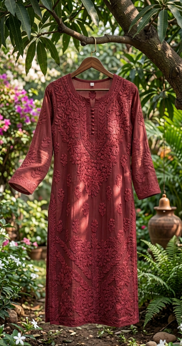 RAFIYA  Premium Silk  Puffed Chikankari Long Kurta Pure Handcrafted