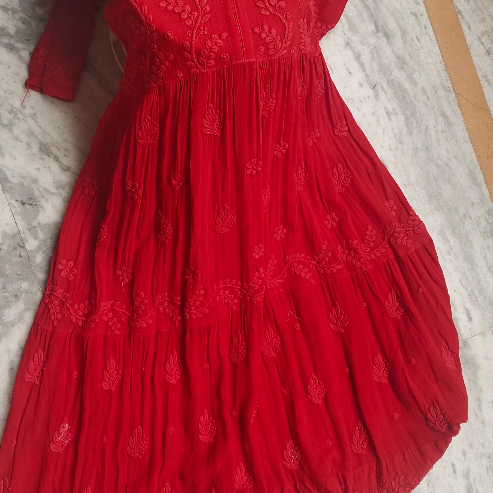 Red Premium Georgette Chikankari Gown