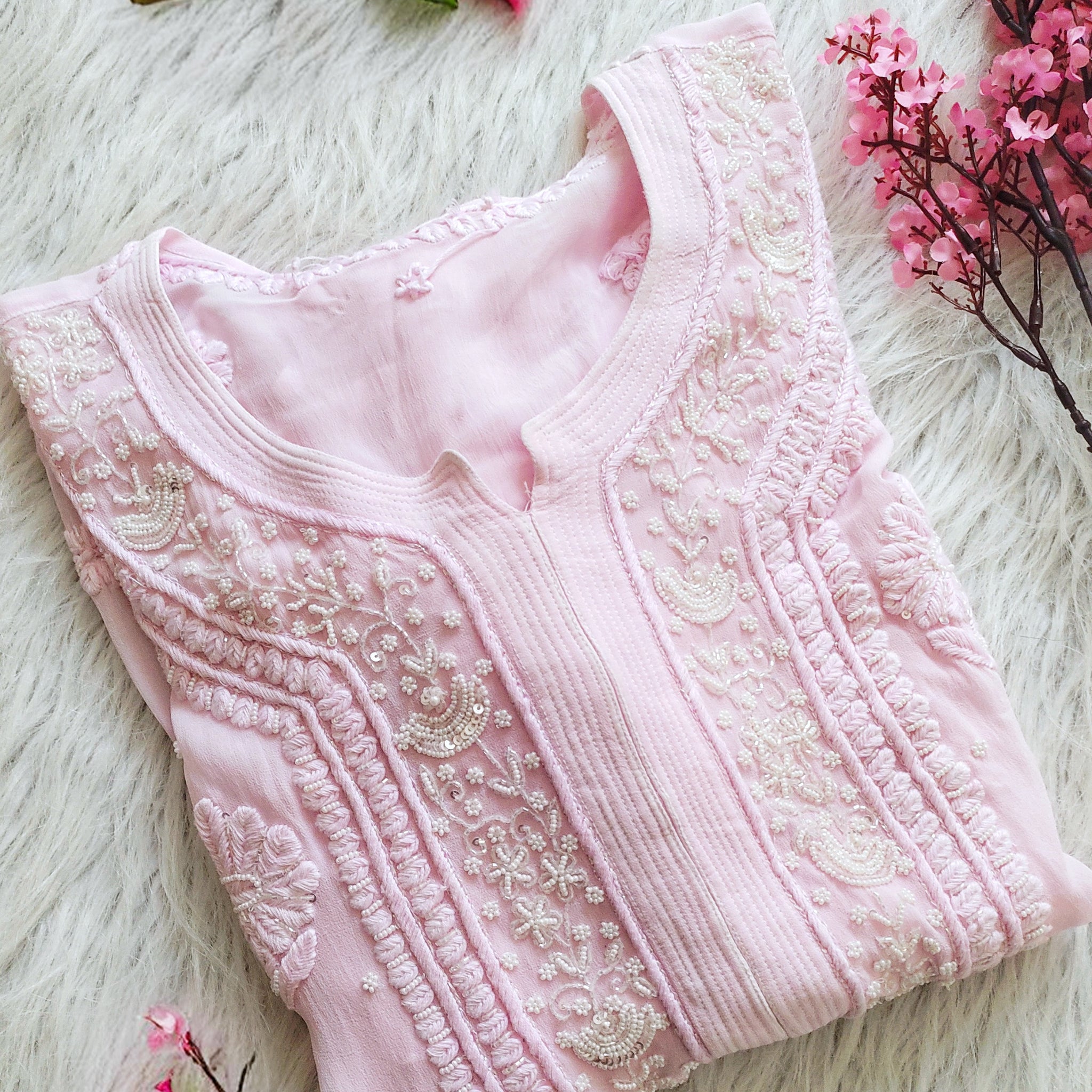 Noori Baby Pink Premium Georgette Chikankari Kurta Cutdana Embroidery