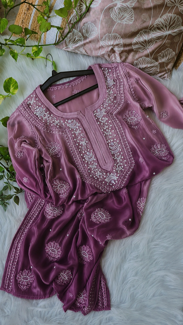 Noori Plum Premium Georgette Chikankari Pearls Cutdana Embroidery