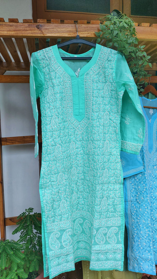 Premium Voil Cotton Chikankari Long Kurta With Back Daman Embroidery