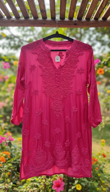 Pink  Chand Premium Silk Luxurious Chikankari Handcrafted kurti (5 times Dyeable)