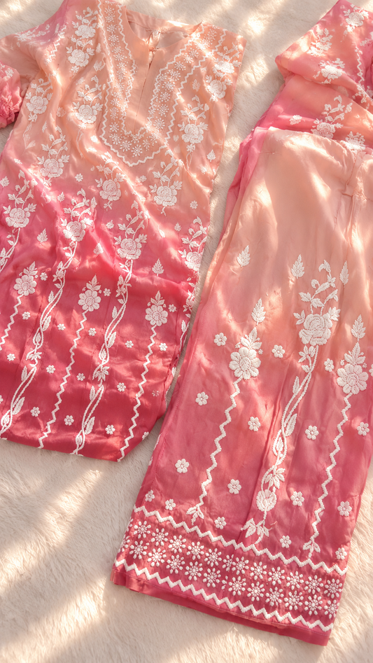 Pink blush ombre crepe silk chikankari kurti co-ord set with front and back embroidery, handcrafted by LVW Fashions.