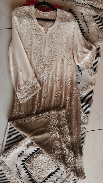 RAFIYA  Premium Georgette Puffed Chikankari Long Kurta Pure Handcrafted