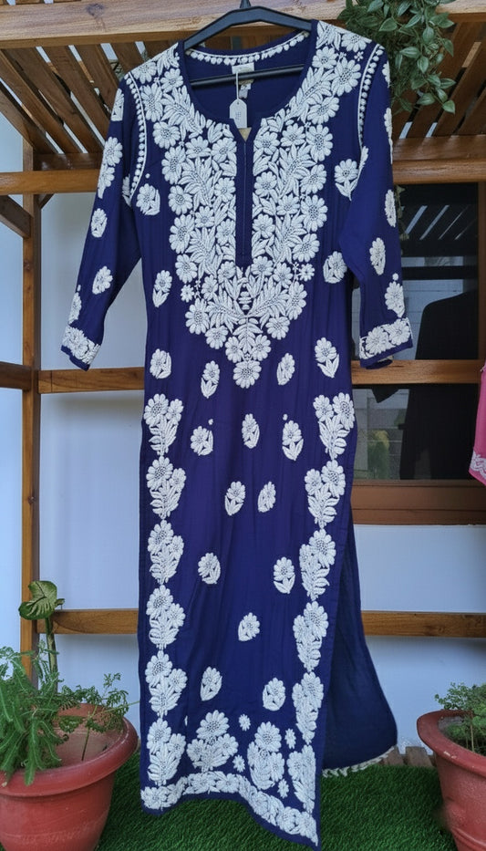 Navy Blue Pure Handcrafted Premium Silk Chikankari Luxurious Long Kurta