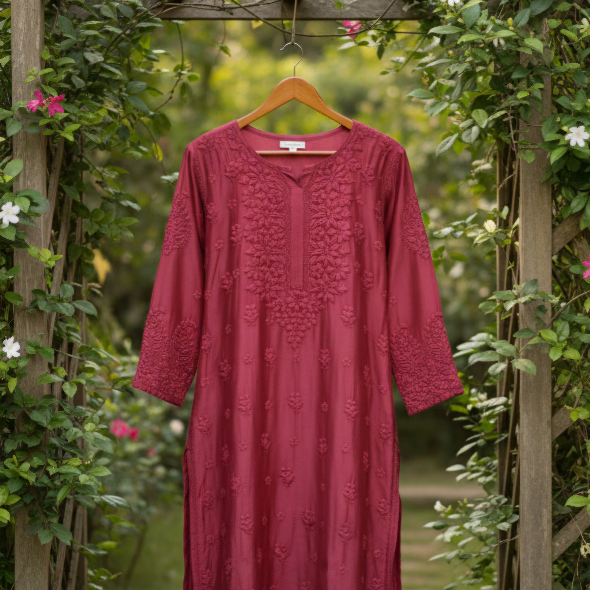 Salmon pink Heavy Pure Handcrafted Embroidery Premium  Chikankari Kurti set for Women