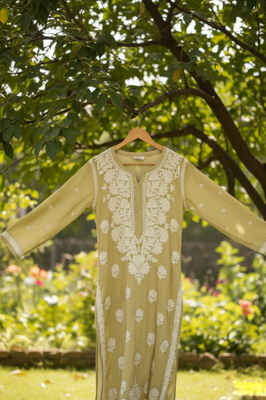 Shanaya Premium Chikankari Long Kurta Neck Daman Embroidery