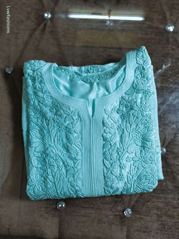 Mint Premium Georgette Chikankari Pure Handcrafted Luxurious Long Kurta