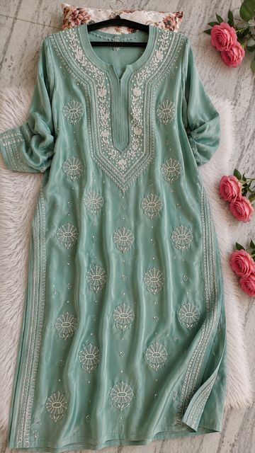 Noori Jade Premium Georgette Chikankari Pearls Cutdana Embroidery