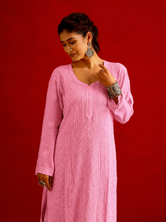 Resham Series Pink Pure Handcrafted Premium Georgette Chikankari Long Kurti Set