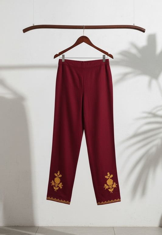 Kashmiri Mustard Aari Embroidered Woollen Coordset – Maroon | Refined Winter Wear