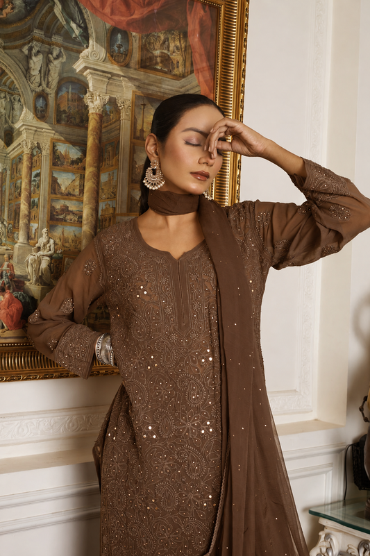 Kaneez  Brown Premium Georgette Pure Handcrafted Chikankari Kurta Set