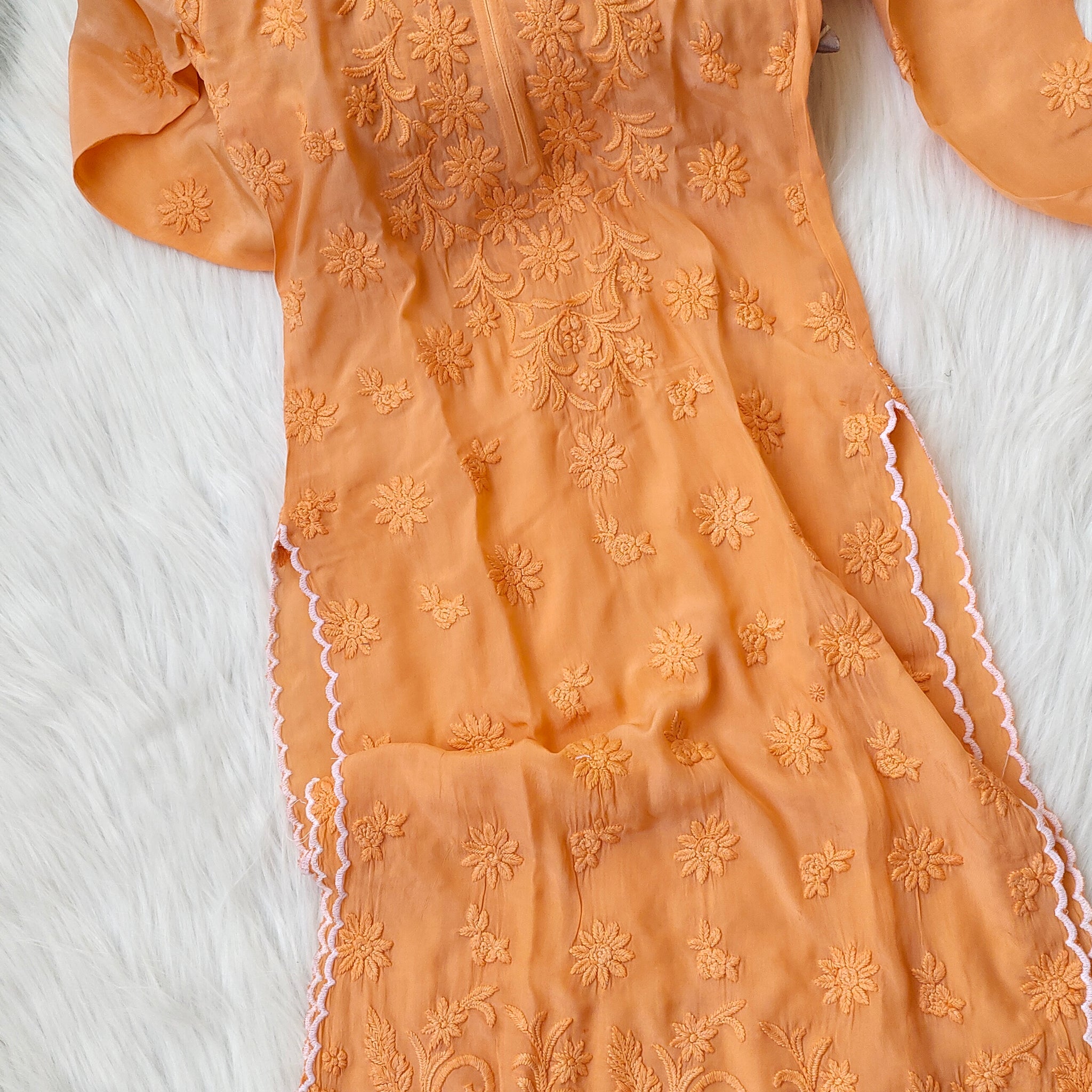 Orange Cutwork Premium Silk Chikankari Luxurious Long Kurta