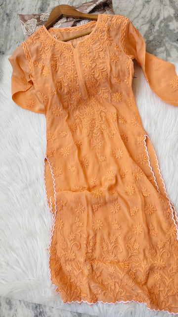Orange Cutwork Premium Silk Chikankari Luxurious Long Kurta