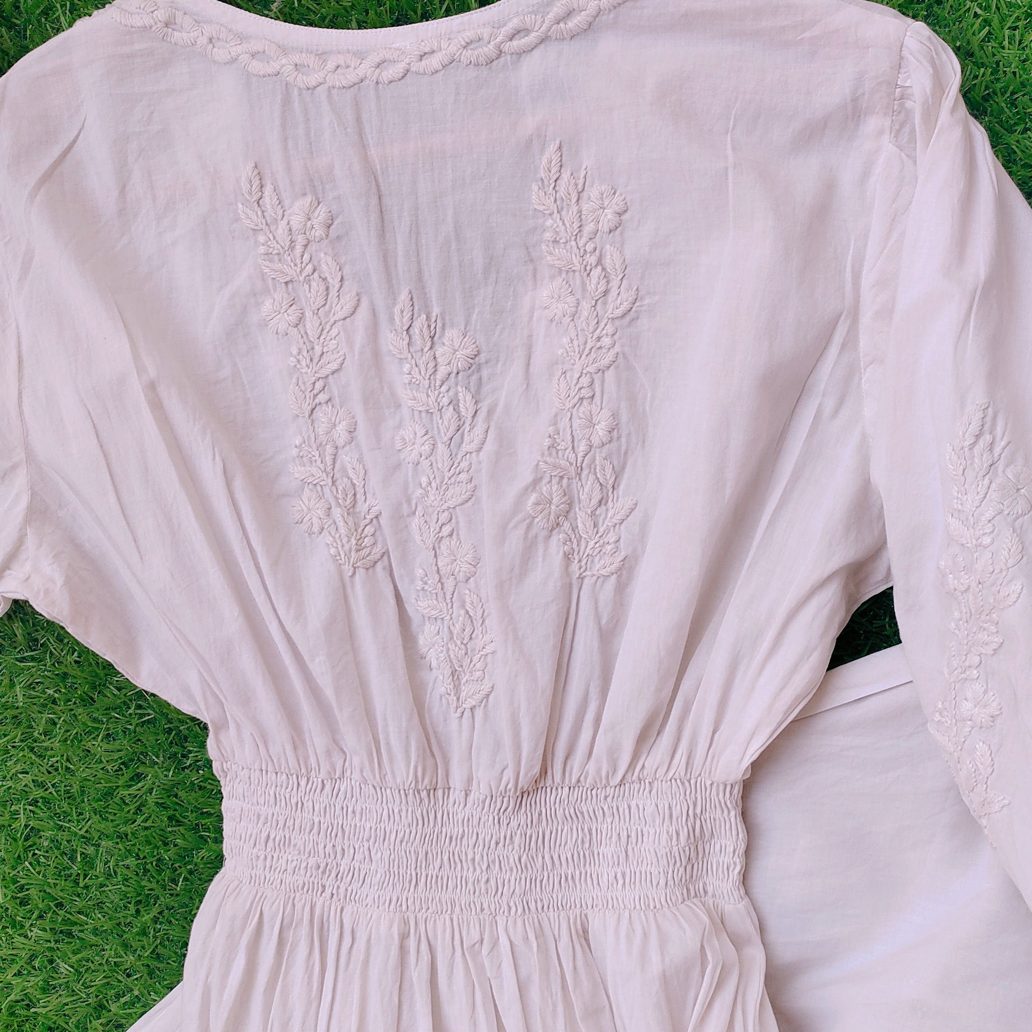 Creamish Waist Elastic Chikankari Dress Pure Cotton Dyeable