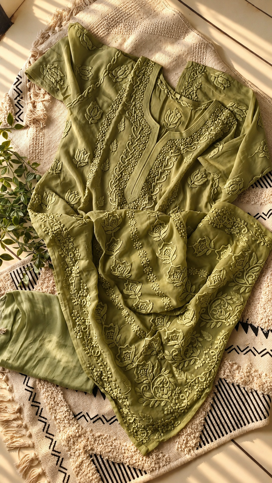 Olive  Viscous Georgette Chikankari Long Kurti