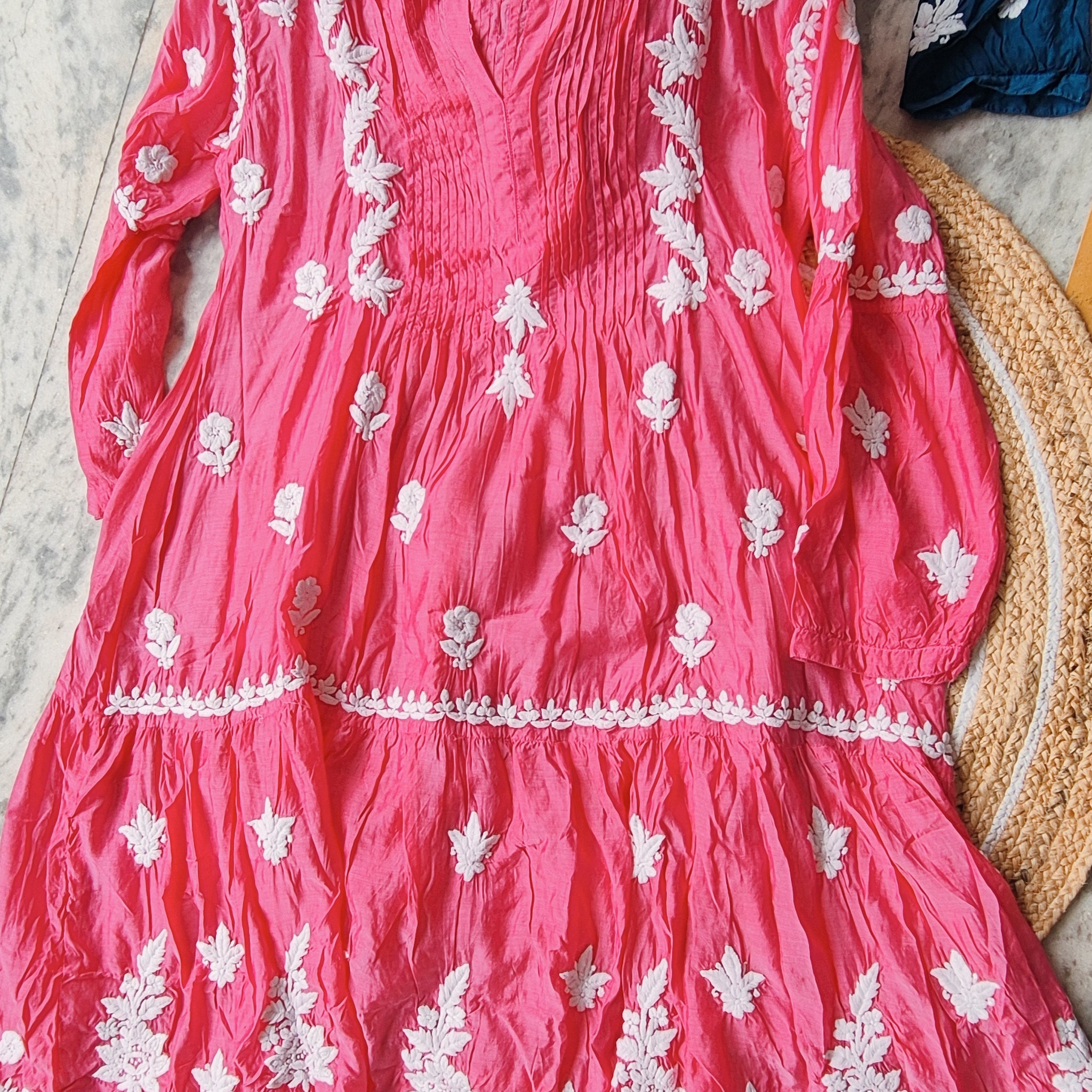 Beautiful Pink Midi Dress Pure Handcrafted Luxurious Chikankari