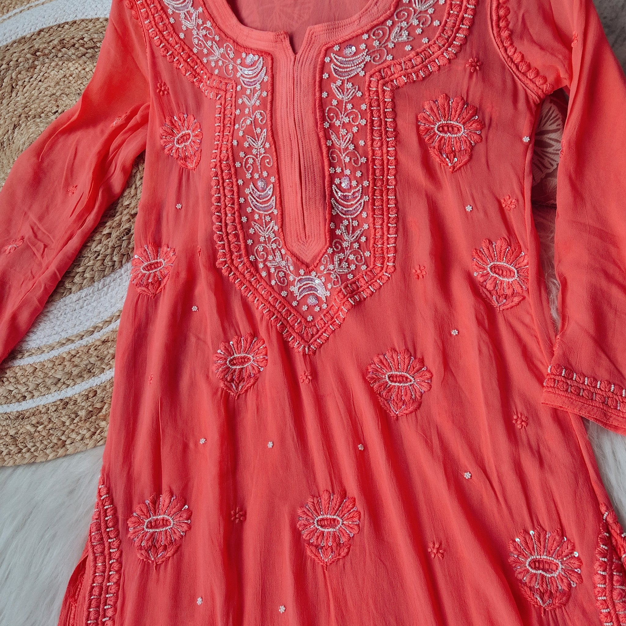 Rust ORANGE Noori  Premium Georgette Chikankari Kurta Cutdana Embroidery
