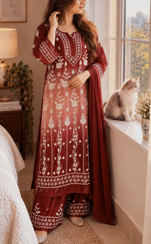 Rust maroon chikankari Kurti co-ord Premium Set Front Back Embroidery Special (Limited Edition)