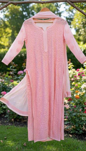 Peach Beautiful Premium Georgette Chikankari Kurta Set (embroidered Dupatta)