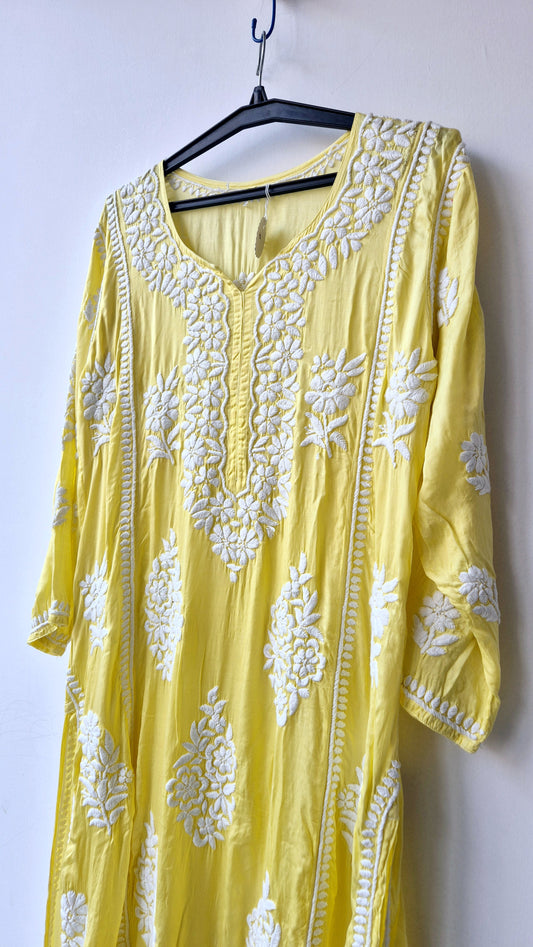 Fida Yellow Premium Silk Luxury Chikankari Aline Kurta