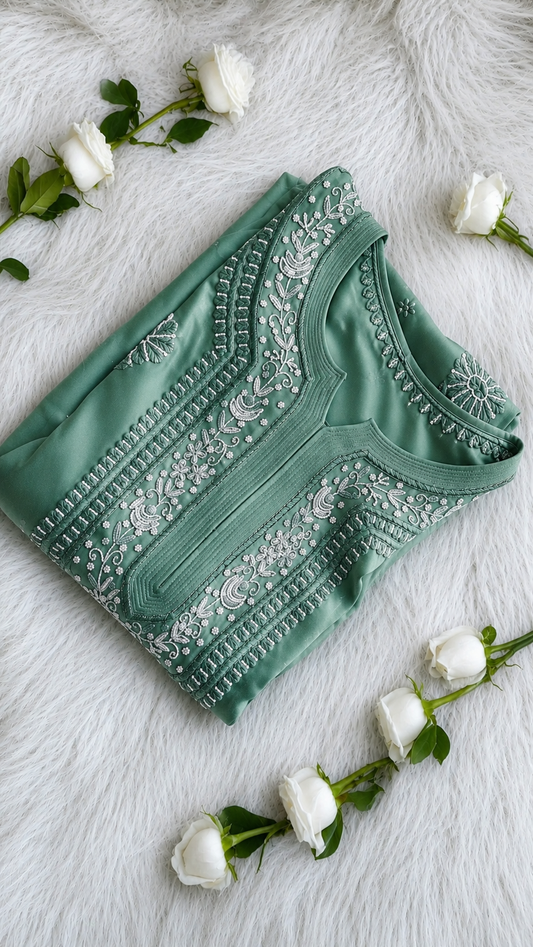Noori Jade Premium Georgette Chikankari Pearls Cutdana Embroidery