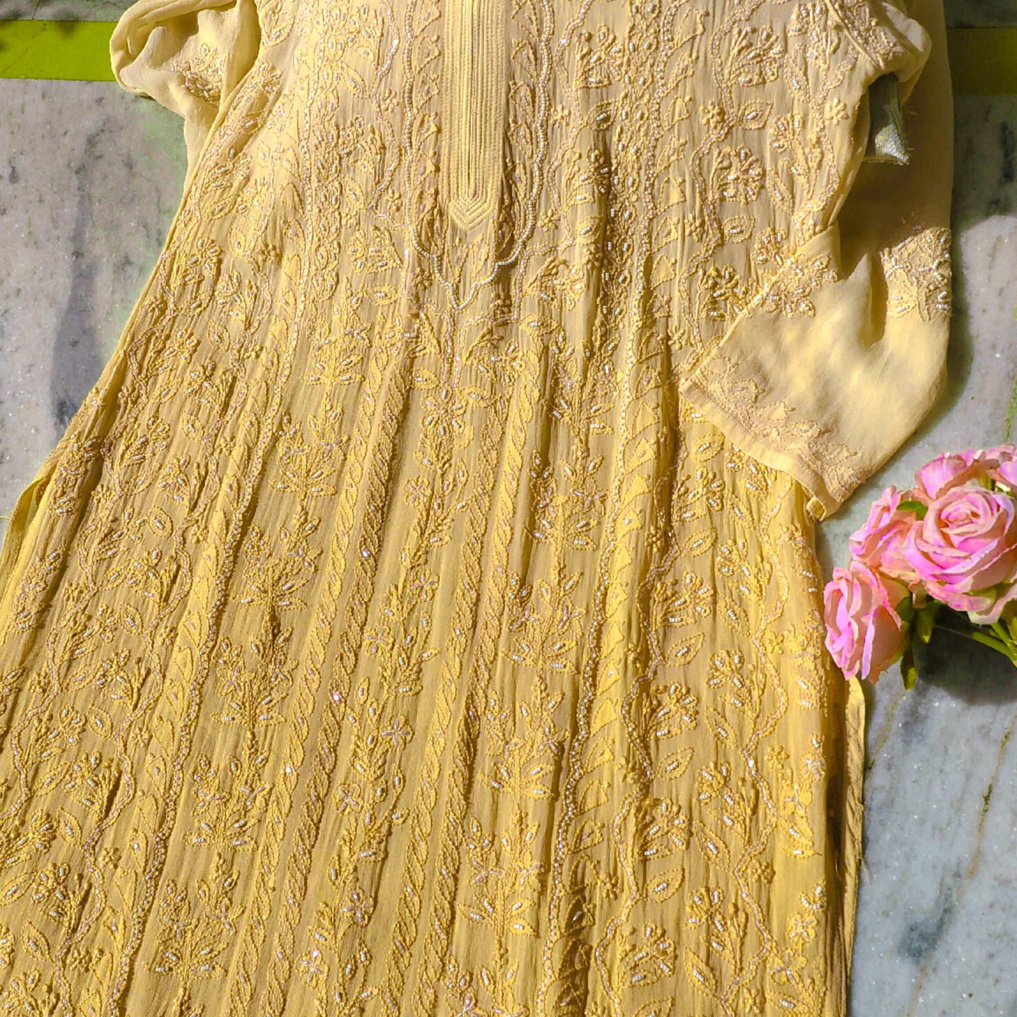 Yellowstone Noori Full Jaal Pearl Cutdana Chikankari Embroidery Long Luxurious kurta Pure Handcrafted