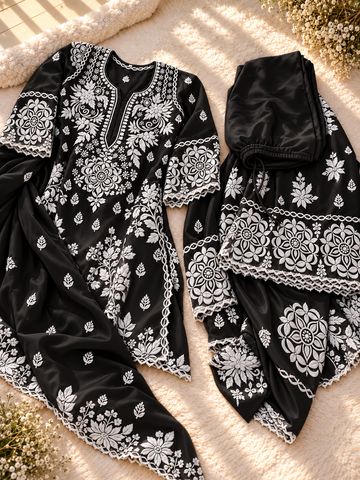 Black Premium Silk Chikankari kurti co-ord set