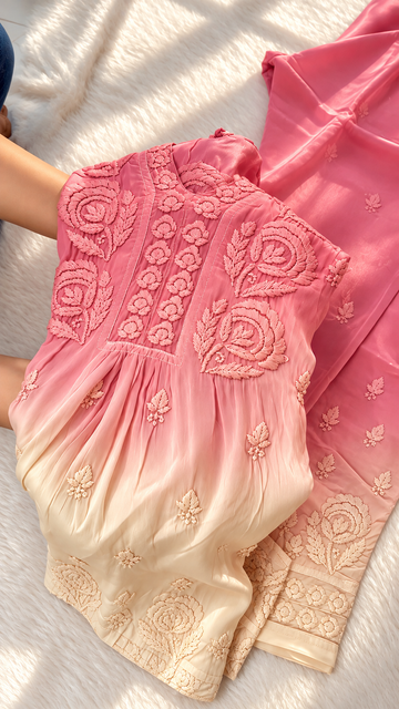 Double Shades Silk Pure Chikankari Tunic Co-ord Set