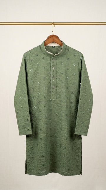 Pure Cotton Lucknowi Men's Kurta With Jaali Detailing