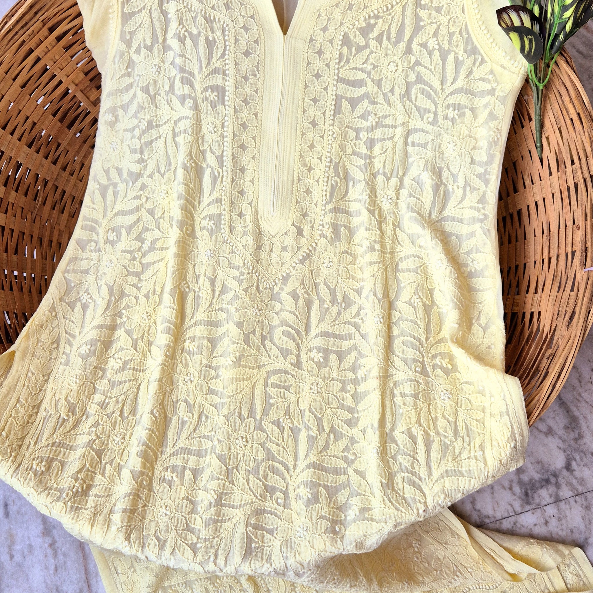 Pearl Yellow Premium Georgette Chikankari Long Kurti