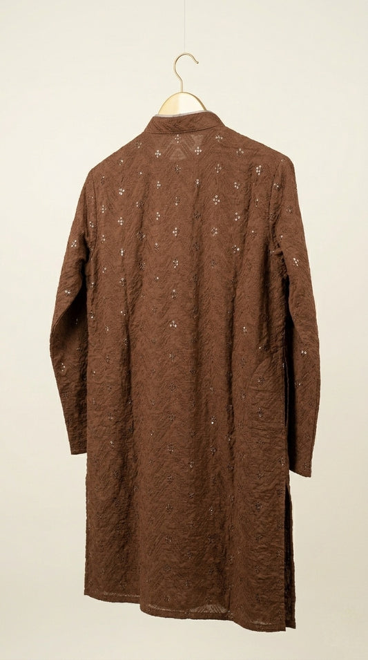 Pure Brown Cotton Lucknowi Men's Kurta With Jaali Detailing